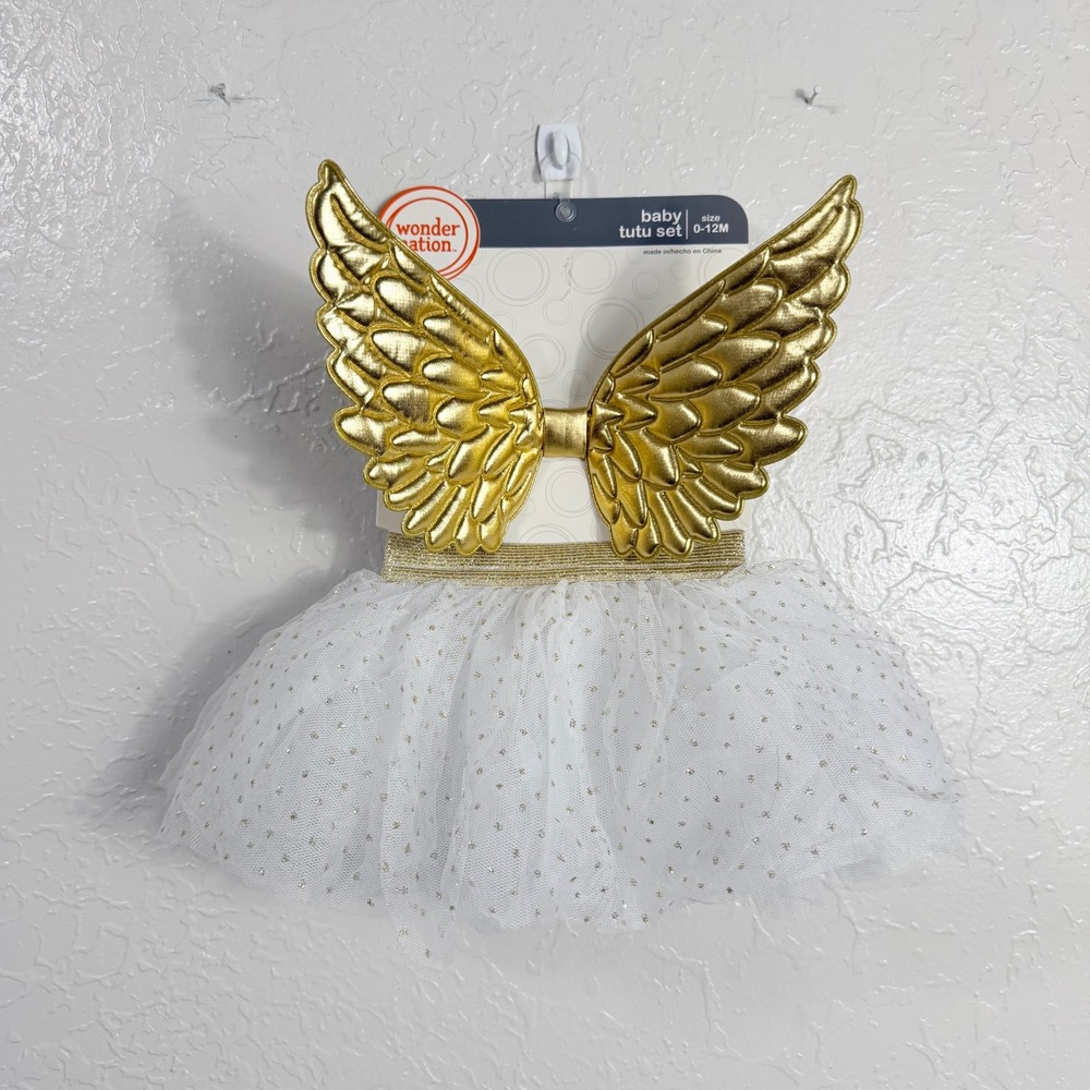 Wonder Nation Baby Tutu Set Gold Angel Wings White Glitter Tulle 0-12M NWT